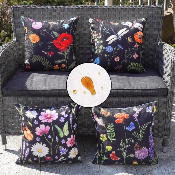 Outdoor Waterproof Spring Summer Pillow Covers Black Cushion Cases Set of 4 - Picture 3 of 7
